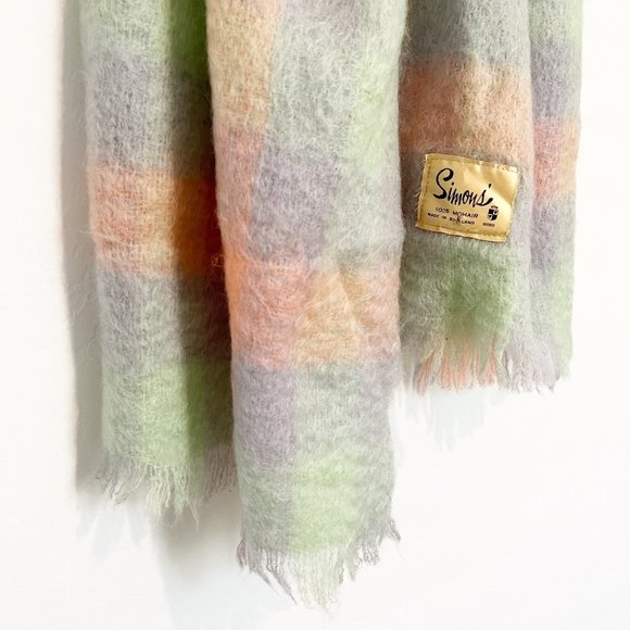 Simons 100% Mohair Vintage Pastel Plaid Fringe Blanket Scarf Shawl Checkered - Picture 6 of 7